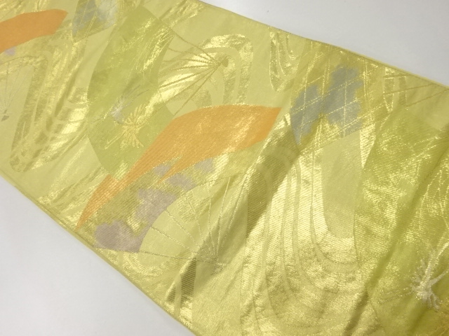 JAPANESE KIMONO / ANTIQUE FUKURO OBI / SILK / WOVEN STREAM & FOLDING FAN & CRANE